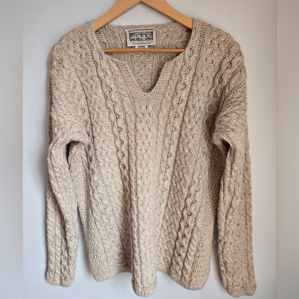 ARAN SWEATER MARKET 💯 Pure New Merino Wool Cable Knit Sweater in Beige